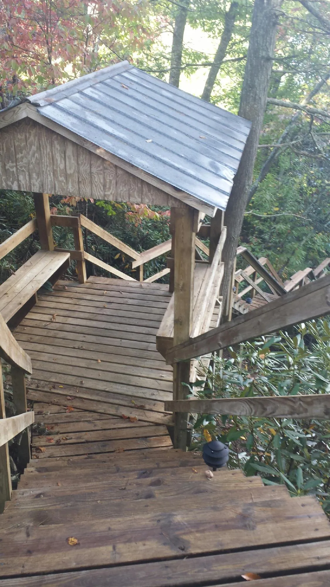 Metal roofed shelter over wooden steps on a wooded walkway — Skylight Repair & Installation work by our crew in Cameron